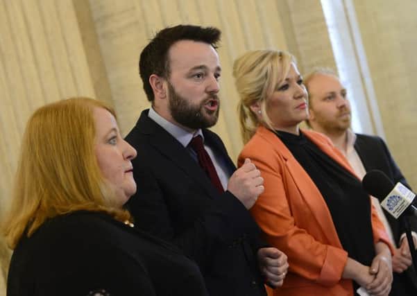 Alliance Party leader Naomi Long, SDLP leader Colum Eastwood, Sinn Fein leader at Stormont Michelle O'Neill and Steven Agnew of the Green Party deliver a joint statement on Brexit in the Great Hall at Stormont on Tuesday May 22. Pic by Arthur Allison, Pacemaker Press