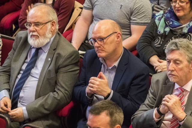 Sinn Fein members (left to right), Francie Molloy, Paul Maskey and Mickey Brady MP, attend Labour leader Jeremy Corbyn's lecture in the Great Hall at Queen's University Belfast on Thursday May 24, 2018. Photo: Liam McBurney/PA Wire