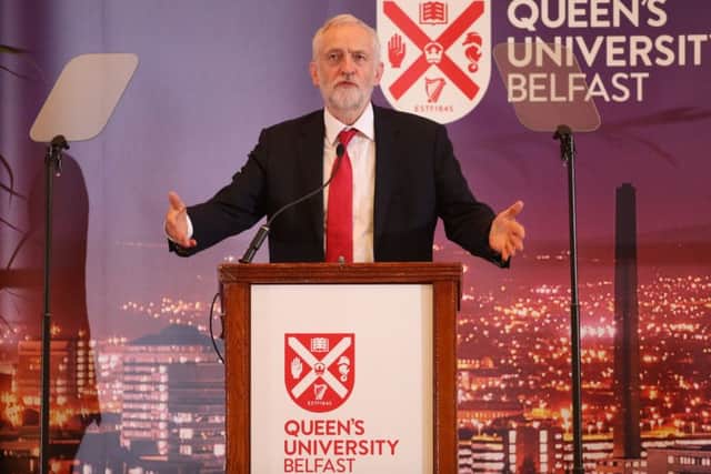 Labour leader Jeremy Corbyn delivers a public lecture in the  Great Hall at Queen's University Belfast on Thursday May 24, 2018. Photo: Liam McBurney/PA Wire