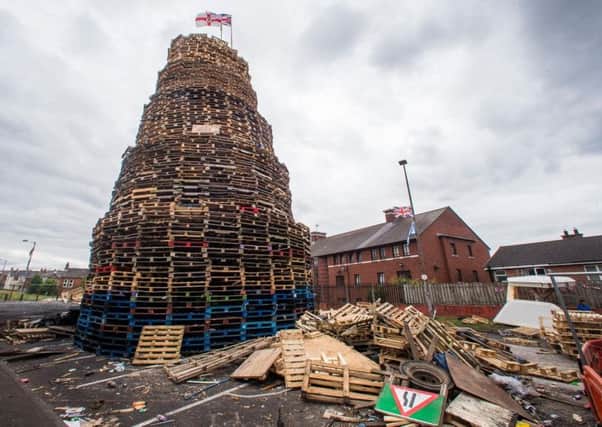 A loyalist bonfire at Bloomfield Walkway in east Belfast