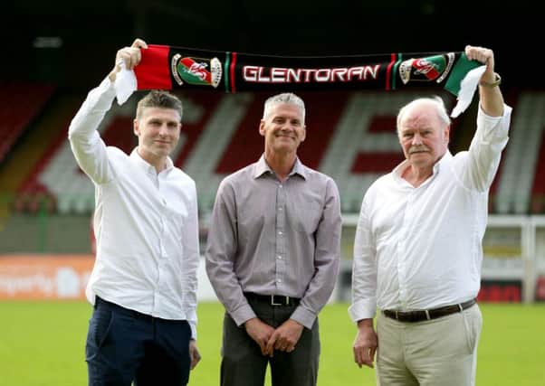 Paul Leeman, Gary Smyth and Ronnie McFall at confirmation of Glentoran's management set-up for the new season.