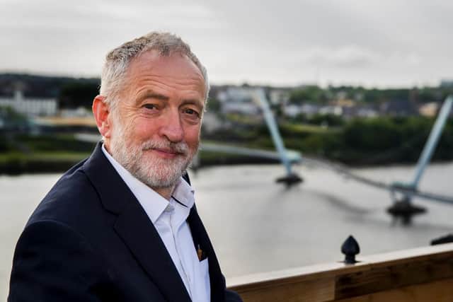 Labour leader Jeremy Corbyn at the Peace Bridge in Londonderry