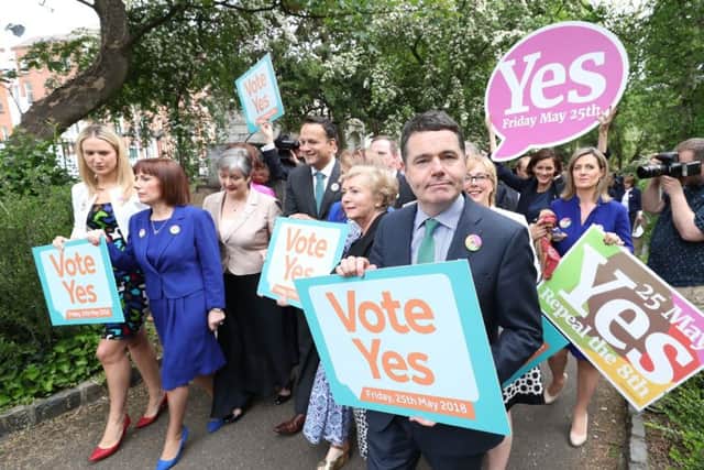 Taoiseach Leo Varadkar is joined by Fine Gael party colleagues at Merrion Square, Dublin, ahead of the referendum on the 8th Amendment of the Irish Constitution, in Dublin. Photo: Niall Carson/PA Wire