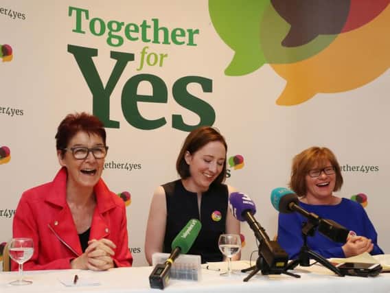 The three Co-Directors of Together For Yes (left to right) Ailbhe Smyth, Grainne Griffin and Orla O'Connor hold a final press conference at the Davenport Hotel in Dublin in the aftermath of yesterday's referendum result