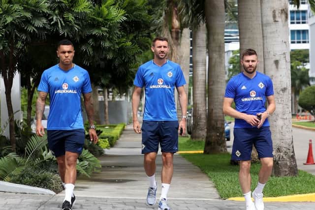 Josh Magennis, Gareth McAuley and Stuart Dallas in Panama City on the first day of Northern Irelands summer tour