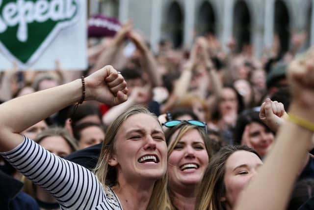 Abortion repeal supporters celebrate the referendum result in Dublin on Saturday