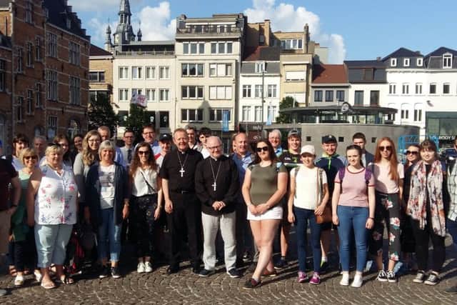 Archbishop Richard Clarke and Archbishop Eamon Martin with the delegation in Kortrijk at the start of their pilgrimage