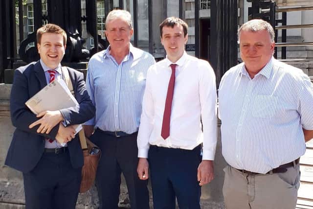 Outside the High Court were, from left, Brian Moss of Worthingtons Solicitors with Liam McGuckian, Coli Newell and Barney McGuckian of AA McGuckian