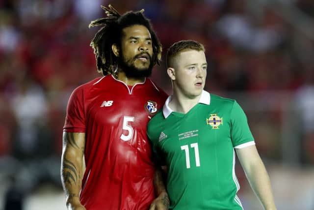 Panama's Roman Torres with Northern Ireland's Shayne Lavery during the midweek friendly at the Estadio Rommel Fernandez, Panama City.