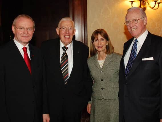File photo dated 04/12/07 of Bill Flynn (right) with Martin McGuinness, Ian Paisley and Paula Dobriansky at an event in New York. Mr Flynn died in the US on Saturday, aged 92