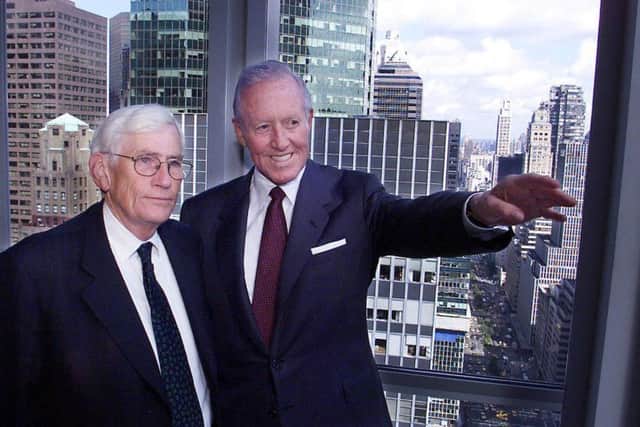 File photo dated 15/09/2000 of Bill Flynn (right) in New York with then Northern Ireland Deputy First Minister Seamus Mallon. Mr Flynn died in the US on Saturday, aged 92.