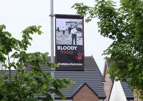 One of the new IRA atrocity banners in south Belfast