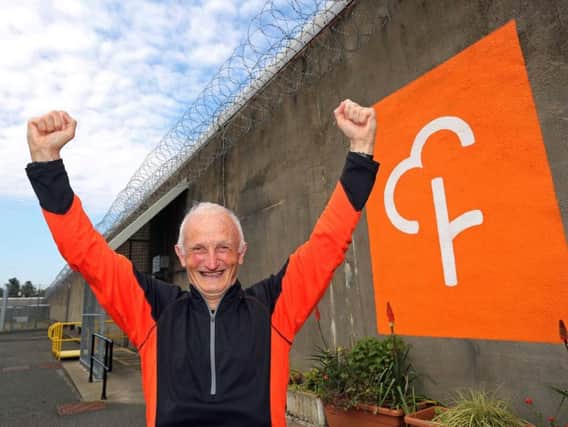 Undated handout photo issued by Northern Ireland Prison Service of Tommy Fee, 77, who has completed the last of 22 parkruns across Northern Ireland at Magilligan Prison