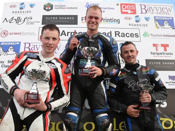 Scottish rider Adam Lyon (centre) pictured at last year's Armoy Road Races. Adam sadly lost his life in a crash on Monday at the Isle of Man TT.
