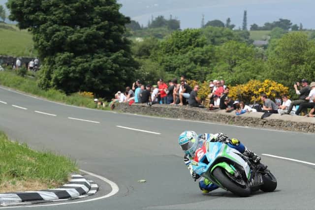Dean Harrison at the Gooseneck in the Superstock TT race  on the Silicone Engineering Kawasaki.