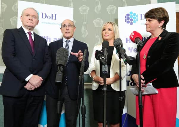 A political consensus in Northern Ireland for health reform. On October 25 2016 Professor Rafael Bengoa, second from left, stands with, from left, then deputy first minister, the late Martin McGuinness, then health minister, Michelle O'Neill and then first minister, Arlene Foster, at Stormont.

Professor Bengoa, presented a report to the Executive, 'Systems, Not Structures: Changing Health and Social Care.'

Photo by Kelvin Boyes / Press Eye