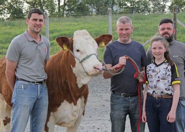 Looking forward to the Woodcraft Kitchens (Kilrea) Junior Heifer Derby at Ballymena Show on Saturday 16th June are, NI Simmental Club chairman Conrad Fegan, and sponsors Eamon and Shannon McCloskey, and Shay O'Kane, from Woodcraft Kitchens.