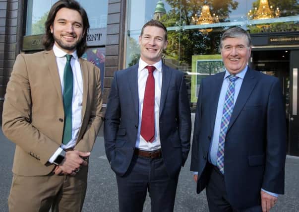 Gavin Annon, left, head of sales and marketing at Mount Charles, with Freshly Chopped CEO Brian Lee and Mount Charles chairman Trevor Annon at the firms first Freshly Chopped restaurant planned for Donegall Square West
