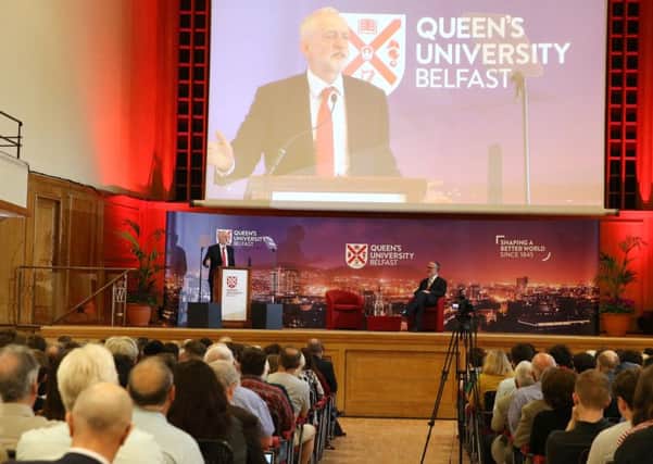 On his visit to Northern Ireland, Jeremy Corbyn took to genuflect to three unionist big beasts  Arlene Foster, Ian Paisley Sr and David Trimble. Above, he speaks at Queen's University, where he got a rapturous reception