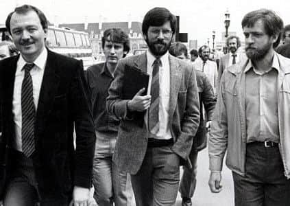 The Labour left wing politicians Ken Livingstone and Jeremy Corbyn, right, with Sinn Fein's Gerry Adams in 1981 at a London tribute to IRA hunger striker Bobby Sands and Easter Rising leader James Connolly. Corbyn has not suddenly become a revisionist on Northern Ireland, which to this day remains one of his longest-lasting and deepest ideological commitments