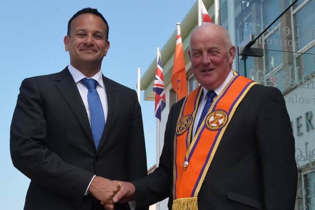 Taoiseach Leo Varadkar is greeted by Grand Master of the Orange Order Edward Stevenson as he visits the Museum of Orange Heritage in Belfast. 
It's  the first time an Irish prime minister has been to the headquarters of the Orange Order in Belfast.

 Photo: Colm Lenaghan /Pacemaker