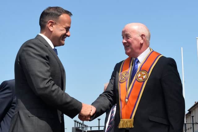 Taoiseach Leo Varadkar is greeted by Grand Master of the Orange Order Edward Stevenson at the Museum of Orange Heritage in Belfast. 
Pic by Colm Lenaghan, Pacemaker