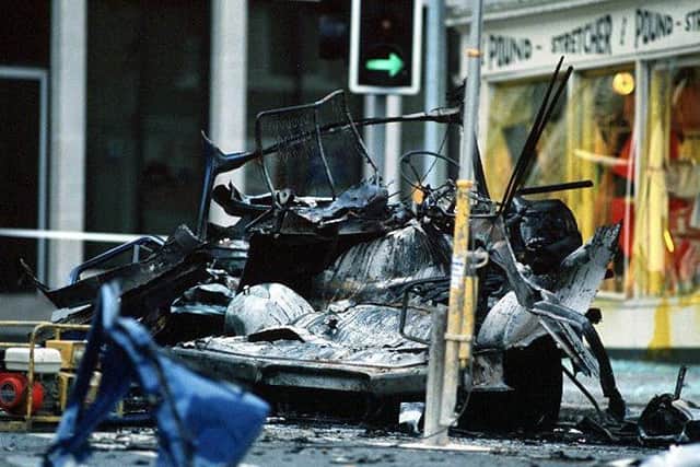 The mangled wreckage of the van the six soldiers had been travelling in when the IRA bomb went off