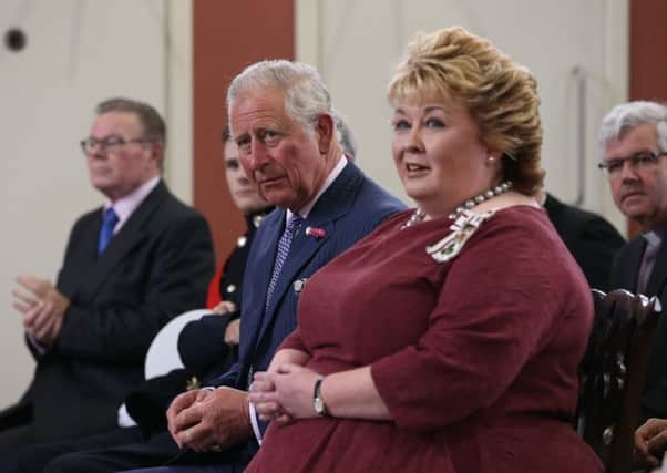 The Prince of Wales sits alongside Fionnuala Jay-O'Boyle, founder of the Belfast Buildings Trust, at Carlisle Memorial Church in Belfast where he is meeting the organisations involved in the regeneration of the building as a permanent home for the Ulster Orchestra. PRESS ASSOCIATION Photo.