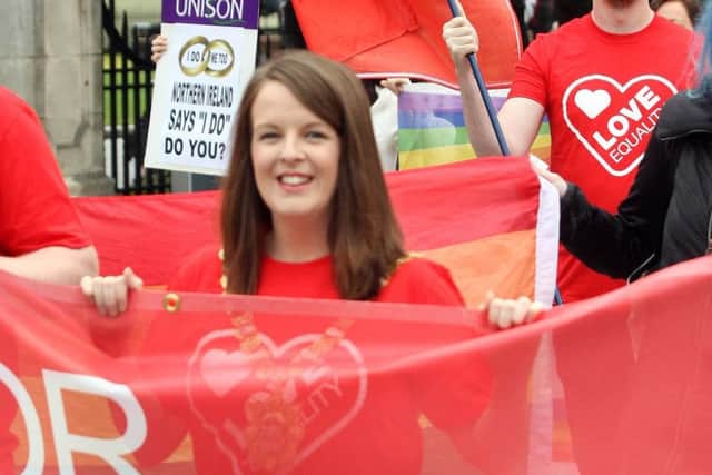 Nuala McAllister demonstrating outside Belfast City Hall during her tenure as lord mayor