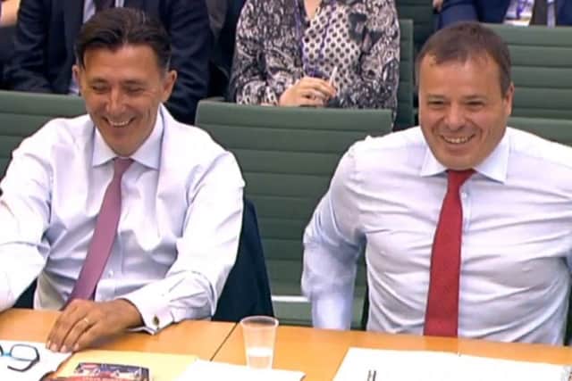 Andy Wigmore (left) and Arron Banks of Leave.EU give evidence to the Digital, Culture, Media and Sport Committee inquiry into fake news. They left the session before it finished, saying that it had overrun and ignoring pleas from MPs to stay and answer some more questions. Photo: PA Wire