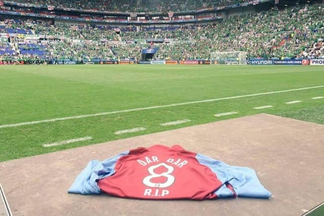 A Braid United shirt was placed at the side of the pitch before Northern Ireland's Euro 2016 win over Ukraine in Lyon - a tribute to Ballymena man Darren Rodgers.
