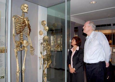 Viewing the skeleton of Charles Byrne, who was born in Littlebridge, Co Tyrone, at Queen Mary University London. Pictured are Brendan Holland and Professor Marta Korbonitis.