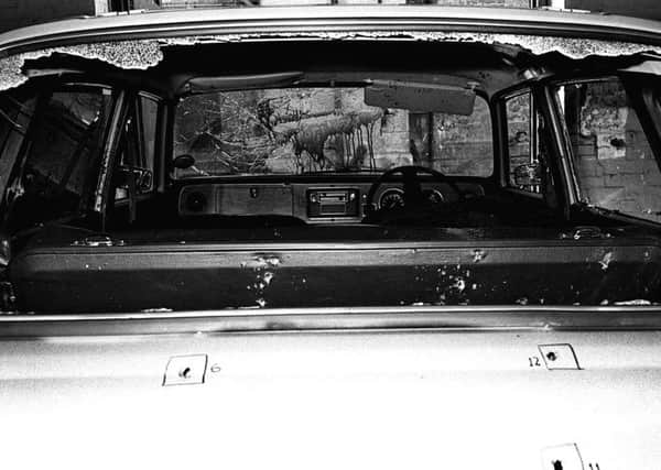 Bullet riddled car in which RUC man Hugh McConnell was shot dead and colleague William Turbitt abducted and later murdered by the IRA on
18/6/1978