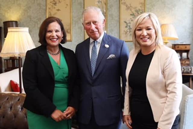 Sinn Fein President Mary Lou McDonald , The Prince of Wales and 
Sinn Fein Vice President Michelle O'Neill at a private meeting in Cork, as part of his tour of the Republic of Ireland