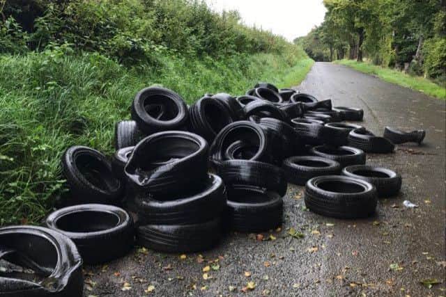 Dozens of tyres dumped at a roadside near Lisburn.