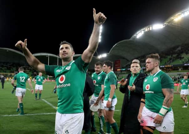 Ireland's Rob Kearney applauds the supporters after the game