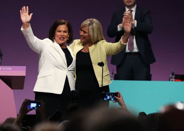 Sinn Fein President Mary Lou McDonald TD (left) and Sinn Fein Vice President Michelle O'Neill after McDonald's keynote speech during the party's ard fheis (annual conference) at the Waterfront Hall, Belfast.