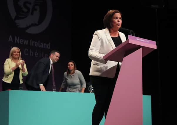 Sinn Fein President Mary Lou McDonald delivers her keynote speech  during her party's ard fheis (annual conference) at the Waterfront Hall, Belfast.