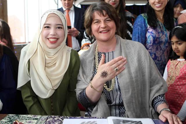 Arlene Foster, marking the end of the Muslim holy month of Ramadan above last week, will be the first DUP leader to attend a gay rights event. Picture by Freddie Parkinson/Press Eye