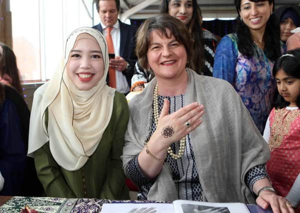 Arlene Foster, marking the end of the Muslim holy month of Ramadan above last week, will be the first DUP leader to attend a gay rights event. Picture by Freddie Parkinson/Press Eye