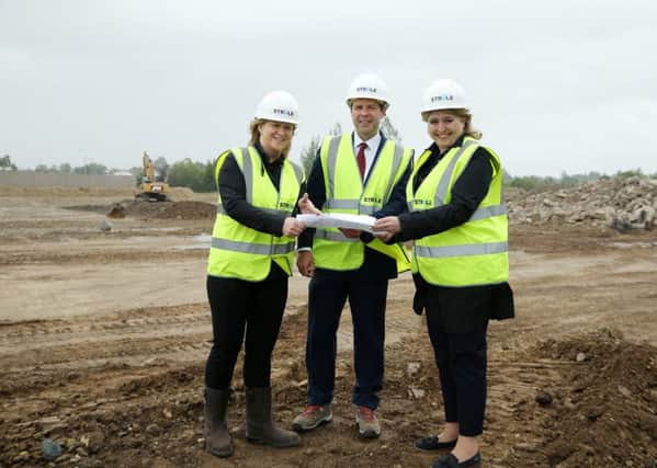 Karen Bradley is pictured at the site of the future Strule Shared Education Campus Project along with John Smith, Deputy Secretary and Senior Responsible Owner (SRO) for the SSEC Programme and Jennifer Morgan, Strule Construction Director.

Photo by Kelvin Boyes / Press Eye.