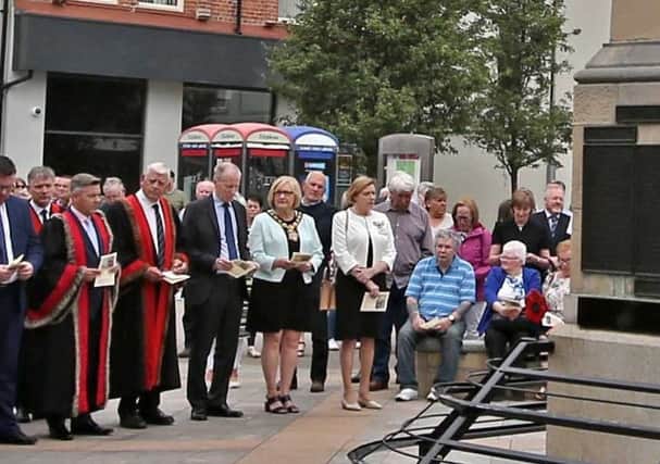 Causeway Coast & Glens mayor Brenda Chivers (with chain) at memorial to IRA bomb in Coleraine: "All she managed to do was prove that Sinn Fein are insincere and care nothing for innocent victims and survivors they cannot use to their advantage"