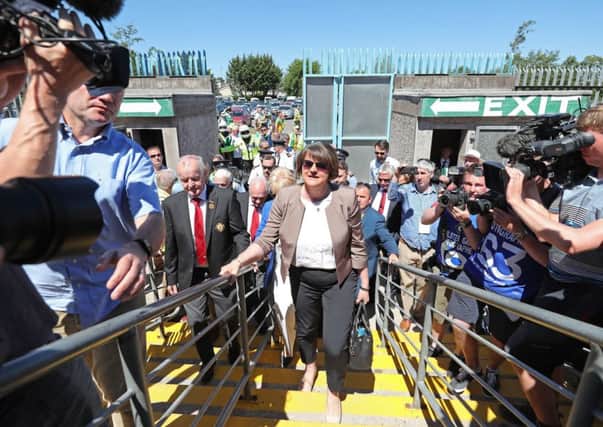 DUP Leader Arlene Foster at the Ulster final between Fermanagh and Donegal in Clones, Co Monaghan, Ireland on Sunday. She was criticised for attending an event on the Sabbath. Photo: Niall Carson/PA Wire