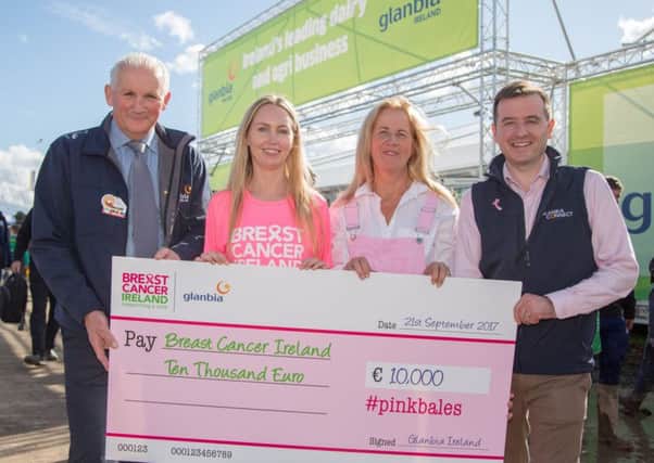 Henry Corbally, Glanbia Chairman and James Byrne, Marketing Manager with Glanbia Agribusiness present a cheque for Â¬10,000 to Adelle Reilly from Breast Cancer Ireland. The money was raised through Glanbias #PinkBales campaign in 2017 that included the sale of a special limited edition pink silage wrap through Glanbia branches. Also pictured is Margaret Hoctor from Kilmullen Farm in Co. Wicklow who won a competition for the best photo featuring the pink silage wrap. More than Â¬25,000 has been raised in the last three years by the Glanbia Agribusiness #PinkBales campaign for Breast Cancer Ireland. Supporters can also donate to the campaign by buying a Breast Cancer Ireland Â¬2 trolley token key ring or pin, available through all Glanbia Agribusiness and CountryLife branches. Credit: Ger Rodgers