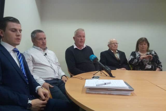 Left to right: KRW Law lawyer Darragh Mackin for the family of Aidan McAnespie, shot by Army 1988.Then, also L-R, Brian Gormley, cousin of deceased, Vincent McAnespie, brother, John McAnespie, father, Margo McAnespie, sister