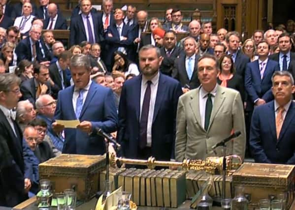 Mps line up to read out the vote in the House of Commons, London where the Government has defeated an amendment tabled by Dominic Grieve over a "meaningful vote" for MPs on the final Brexit deal by 319 votes to 303, majority 16. Photo credit: PA Wire