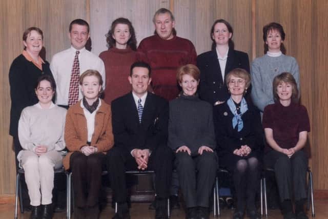 St Peter's staff in 1999: Marie Rice, VP; John Mc Comb; Martina Mc Manus; Michael Campbell, caretaker; Mary Rodgers; Stella Crozier, secretary. Valerie Hynds; Aideen Ward; Me; Lorraine Loughran; Mary Burke; Siobhan Mc Morrow.