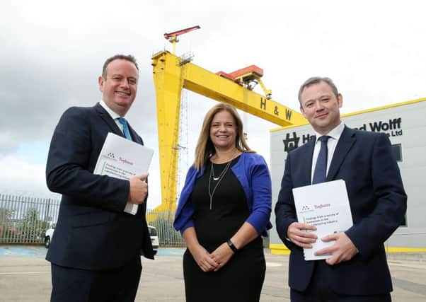 MNI CEO Stephen Kelly, left, with  Maureen Treacy of Perceptive Insight and James Donnelly, corporate partner at Tughans, at the survey launch