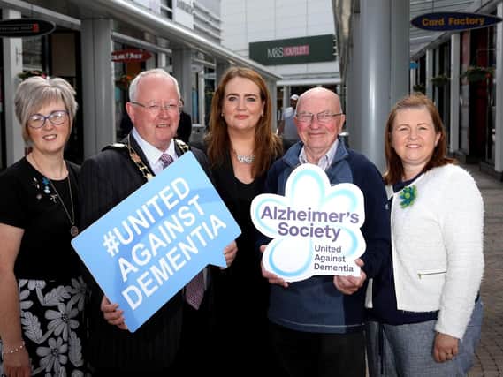 Pictured L-R: Lynn Bulled, Alzheimers Society volunteer; Alderman John Smyth, Deputy Mayor of Antrim and Newtownabbey; Leona Barr, Centre Manager, The Junction Retail and Leisure Park; Danny Brown, Alzheimers Society service user; and Pamela Frazer, Dementia Friendly Communities Support Manager, Alzheimers Society.