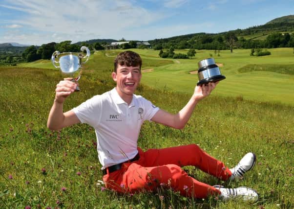 Dylan Keating of Seapoint celebrates winning the 2018 Irish Under 16 Boys Amateur Open Championship at Castle Dargan Golf Resort. Picture by Pat Cashman